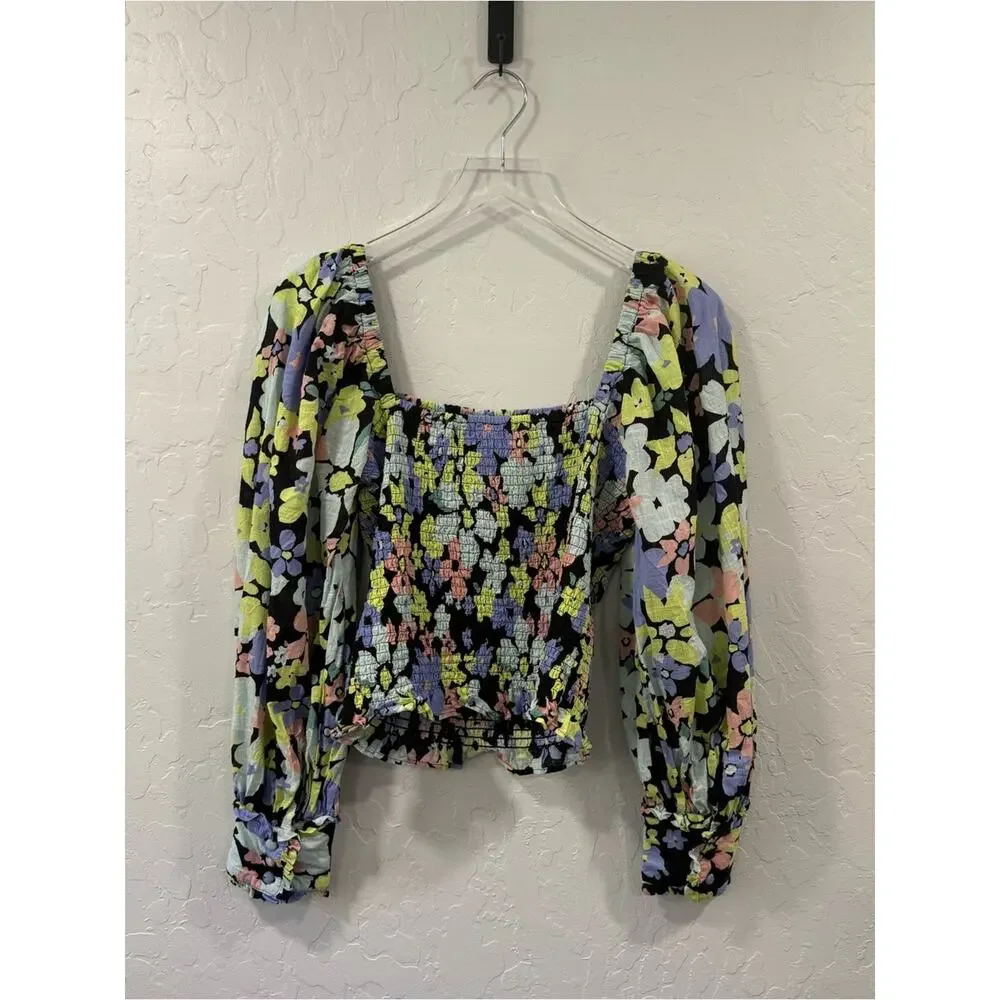 Free People Ariana Floral Puff Sleeve Blouse Size S